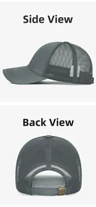 Detail view of grey mesh baseball cap showing breathable honeycomb side and metal rear buckle