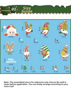 Detailed size guide for Christmas window decals showing Santa, gnomes and reindeer