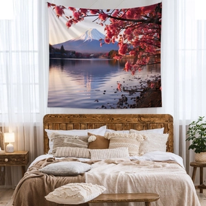 Detailed close-up of Japanese Mount Fuji landscape tapestry with cherry blossoms in bedroom