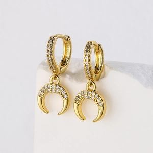 18K Gold Plated Copper Crescent Moon Drop Earrings For Women Elegant Rhinestone Inlaid Dainty Fashion Jewelry Earring Gift
