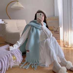 Soft macaron blue cashmere-like long scarf with thick tassels for women winter warmth