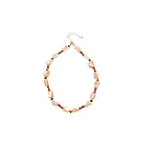 Ethnic bohemian beaded necklace with irregular shell fragments and red tubular beads