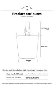 Detail showing dimensions of the canvas bucket bag: 25cm top width and 21cm height