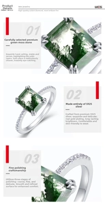 Macro detail of square-cut green moss agate ring with S925 sterling silver pave setting