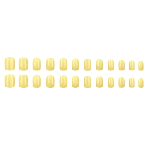 Glossy pale yellow short press-on nails set with 24 pieces on white background