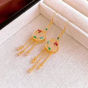 Boucles d'oreilles chinoises en émail avec pompons, zircon et design de cour vintage