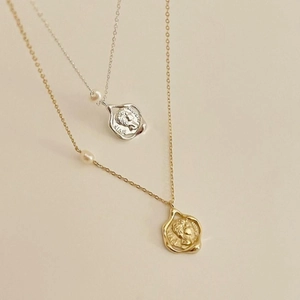Portrait Coin Pendant Necklace 925 Sterling Silver With Artificial Pearl Retro Simple Personalized French Style Jewelry For Women