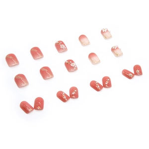 Short square peach gradient press-on nails with 3D camellia flowers and pearls