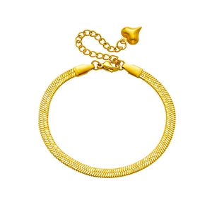 Golden flat snake chain bracelet in titanium steel featuring a heart pendant and lobster clasp