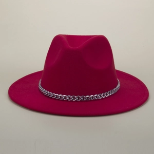 Detail of silver chain trim on a wide-brimmed burgundy wool fedora hat for women