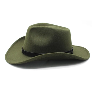 Dark green wool felt western cowboy fedora with a black leather band on white background