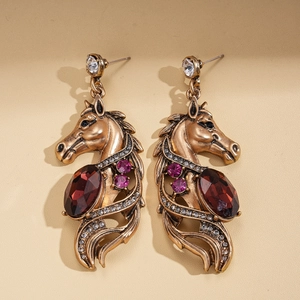 Vintage horse head dangle earrings with red gemstones and sparkling rhinestones