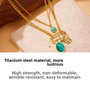 Detailed close-up of double-layer titanium steel necklace with turquoise and oval cat eye stones