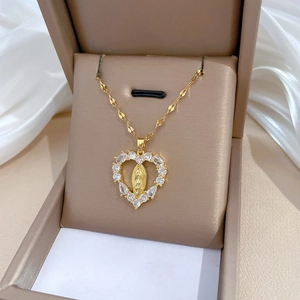 Elegant gold titanium steel heart necklace with Virgin Mary relief and clear crystals