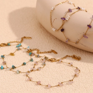 18K gold plated stainless steel anklet with natural pearls and colorful gemstone chips