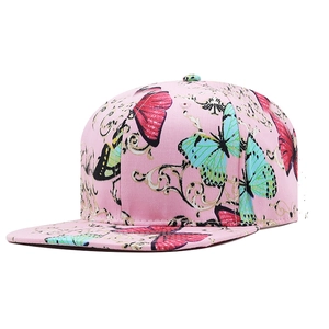 Close-up of pink flat brim hat with detailed butterfly and floral pattern print