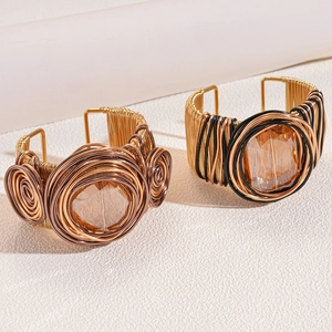 Bohemian Hand Woven Iron Wire Cuff Bangle Exaggerated Twisted Large Geometric Glass Stone Retro Bracelet For Women