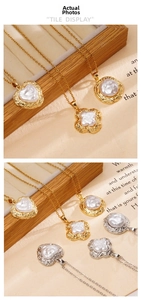 Detail view of retro clover and heart shaped 18K gold plated pearl pendant necklace