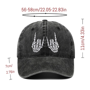 Detailed size chart of washed cotton baseball cap with white skeleton hand embroidery