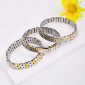 Three-piece stretch metal bracelets in silver and gold minimalist stainless steel design