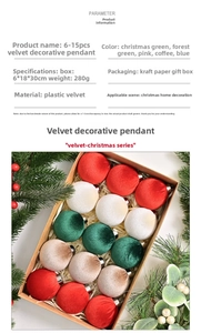 Detail view of velvet Christmas balls in assorted vintage colors with kraft paper box