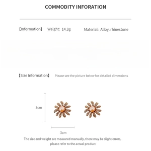 Size chart showing daisy flower stud earrings dimensions 3cm by 3cm with alloy and rhinestone
