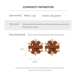 Detailed view of round faux leather woven earrings with alloy compass design and dimensions