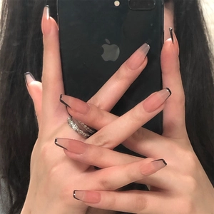 Nude Pink French Press On Nails With Black Tips Coffin Shaped Glossy Detachable Full Cover Artificial Fingernails For Women