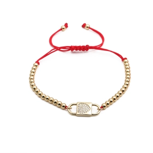 Handmade Red String Bracelet With Gold Copper Beads And Heart Lock Micro Pave Zircon Adjustable Romantic Jewelry