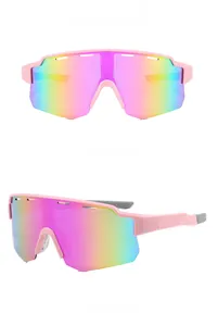 Close-up of pink sport sunglasses with large rainbow lens and non-slip nose pads