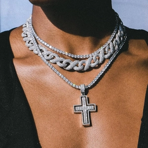 Hip hop silver jewelry set with tennis chain, Cuban link, and large cross pendant