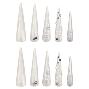 3D aurora butterfly stiletto press-on nails with pearl white finish and rhinestones