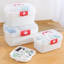 Multi-layered white plastic medicine box with red handle and clear lid for storage