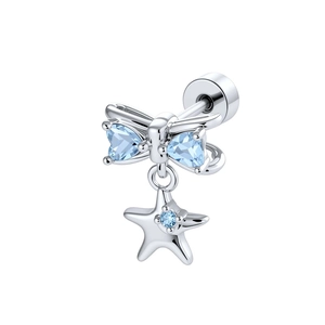 Silver bow starfish cartilage earring with light blue heart gems and star dangle