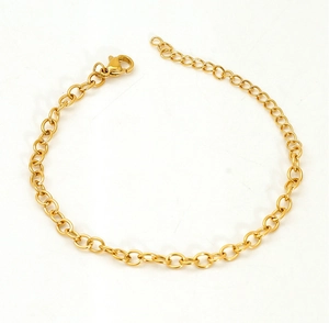 Close-up of golden stainless steel O-chain bracelet with a secure lobster clasp closure
