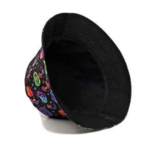 Halloween pumpkin print bucket hat with mushrooms and stars in a colorful psychedelic style