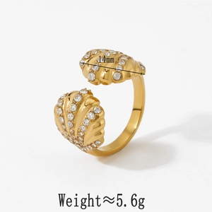 Bague ouverte en acier inoxydable doré en forme d'éventail avec pierres zircon de 14mm