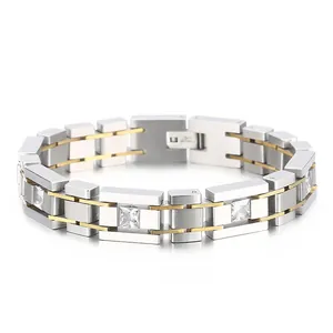 Men Link Bracelet Stainless Steel With Cubic Zirconia Industrial Fashion Biker Jewelry Gift Masculine