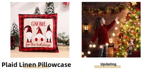 Detail of Christmas gnome pillowcase with plaid border and festive cotton ball lights decor