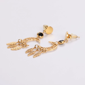 Golden moon and feather drop earrings with black gemstone in bohemian style