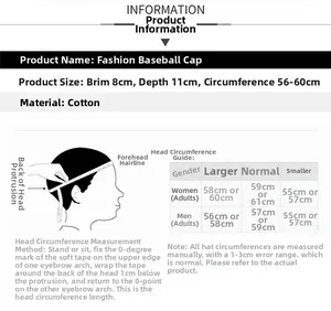 Size chart showing baseball cap dimensions and head circumference measurement guide