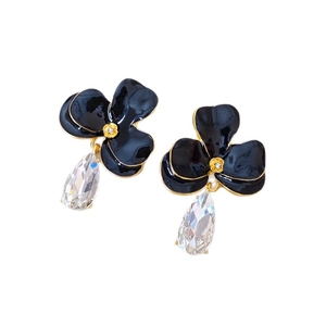 Vintage floral earrings with black enamel petals and crystal water drop pendant