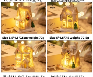 Detail of LED lighted resin Christmas village houses with warm glow and snow texture