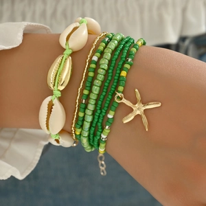 Bohemian Shell Starfish Bead Bracelet Set Summer Beach Vacation Layered Handmade Glass Bead Woven Bracelet Jewelry