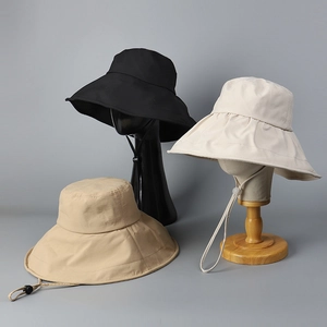 Wide Brim Bucket Hat Women Polyester Spandex UV Protection Foldable Sunscreen Summer Outdoor Trendy Adjustable Windproof Rope