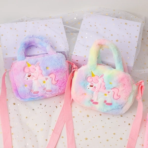 Rainbow unicorn plush handbag for girls with adjustable pink strap and cute embroidery