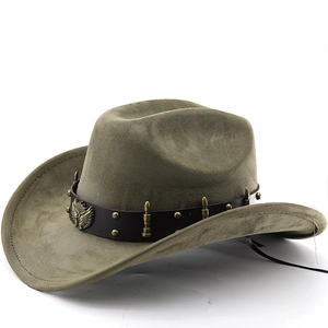 Cappello Da Cowboy Western Finta Pelle Scamosciata Tesa Larga Con Fascia Cuoio Distintivo Aquila E Borchie Retro