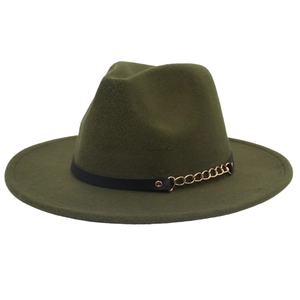 Close-up of olive green wide brim fedora featuring black leather band and gold chain detail