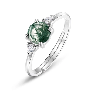 Minimalist S925 sterling silver open ring with green moss agate and side zircons