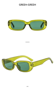Translucent green rectangle sunglasses with green lenses showing front and side views